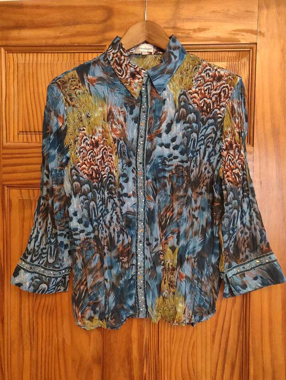 Dressbarn Blue Multi-Print Sheer Button Front Blouse